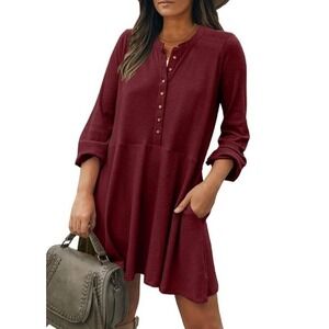 SUPRELOOK Women's Long Sleeve Button Up Crew Neck Ribbed Knit High Waist Dress M